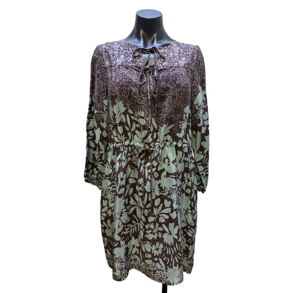 Johnny Was Purple & Mint Silk Floral Print Boho Dress w/Tie Neck  Size S - Picture 1 of 12